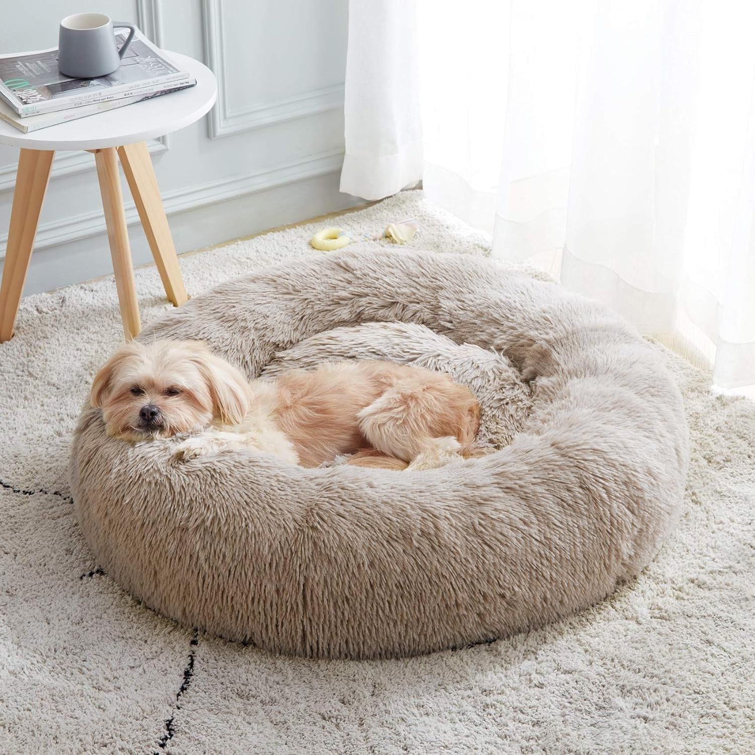 Calming Dog & Cat Bed, Anti-Anxiety Donut Cuddler Warming Cozy Soft round Bed, Fluffy Faux Fur Plush Cushion Bed for Small Medium Dogs and Cats (20